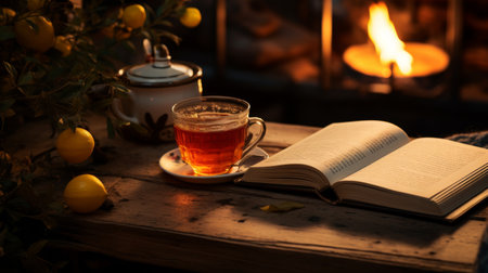 A Cup of Tea With Lemons and a Book on a Tableの素材