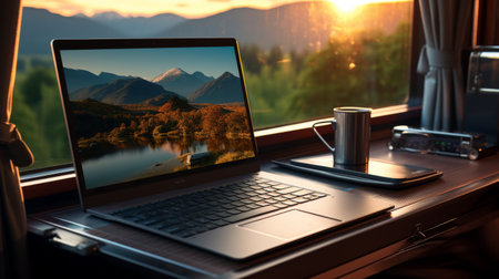 Laptop Computer on Wooden Deskの素材
