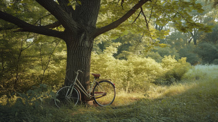 Old Bicycle Leaning Against a Tree in a Parkの素材