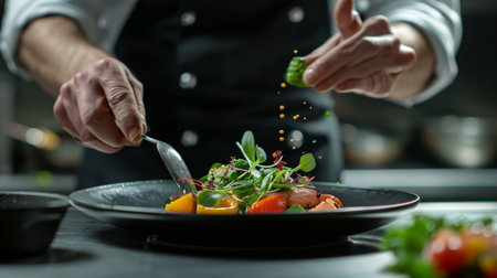 Chef Sprinkling Vegetables on a Plateの素材