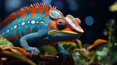 Close Up of Colorful Chameleon on Branchの素材