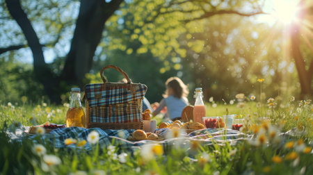 Picnic in the Grass With a Basket of Foodの素材