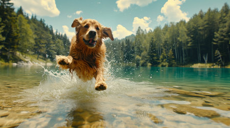 Happy Dog Running Through Water in Lakeの素材