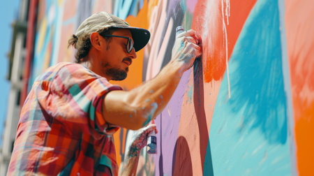 Man Painting a Mural on the Side of a Buildingの素材