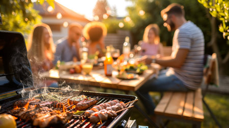 Group of People Sitting Around a BBQ Grillの素材