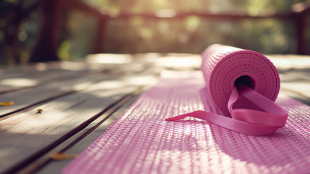 Pink Yoga Mat Roll on Wooden Floorの素材