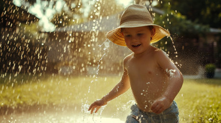Young Boy Wearing Straw Hat Playing in Waterの素材