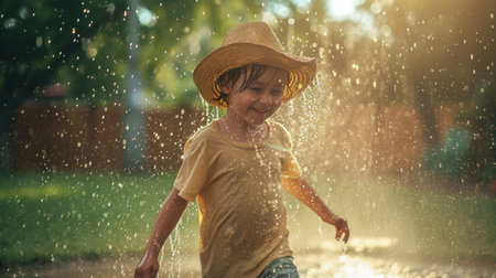 Young Boy Wearing Straw Hat Playing in Waterの素材