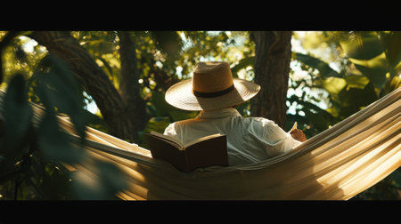 Man Sitting in Hammock, Reading a Bookの素材