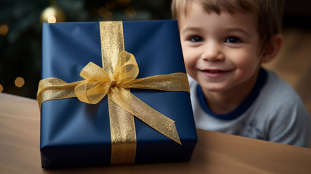 Wrapped Present Sitting on Table Next to Lit Candleの素材