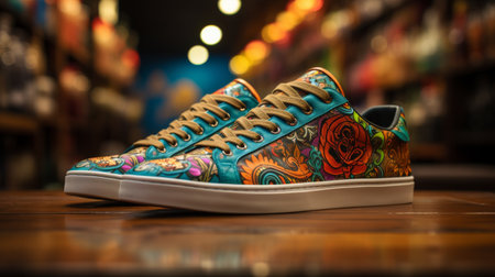 A Vibrant Pair of Shoes on a Wooden Floorの素材