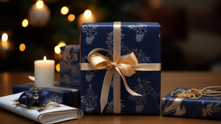 Wrapped Present Sitting on Table Next to Lit Candleの素材