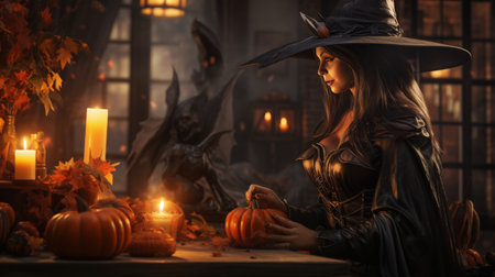 Woman in Witch Costume at Candlelit Tableの素材
