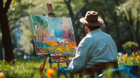 Man in Hat Painting in Parkの素材
