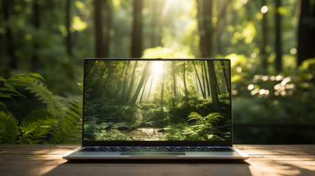 Laptop Computer on Wooden Tableの素材