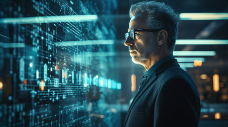 Man Standing in Front of Data Wallの素材
