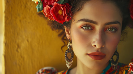 Woman Wearing Colorful Headpiece With Flowers in Her Hairの素材