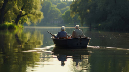 Two People in a Small Boat on a Lakeの素材