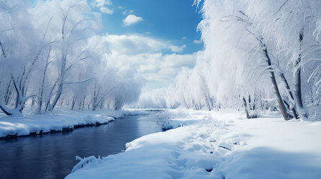 River Flowing Through Snow Covered Forestの素材