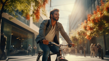 Man Riding Bike Down City Streetの素材