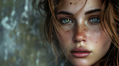 Close Up of a Womans Face With Blue Eyesの素材
