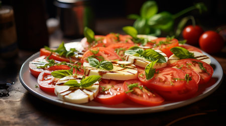 Plate of Tomatoes and Mozzarella on Tableの素材