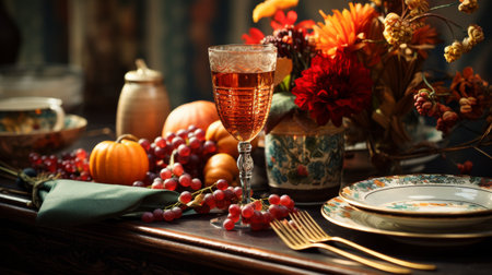 Table Set for Thanksgiving Dinner With Vase of Flowersの素材
