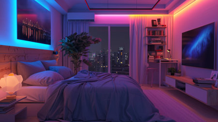 Bedroom With Bed and Plant in the Cornerの素材