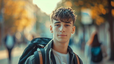 Young Man With Backpack Walking on City Streetの素材