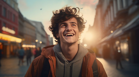 man Laughing in City Streetの素材