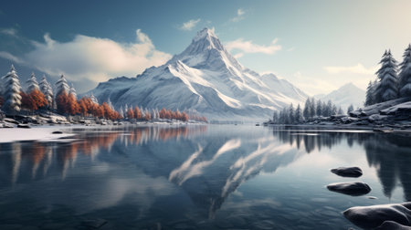 Snow-Covered Mountains and Lake Paintingの素材