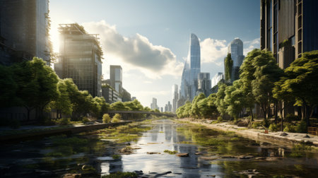 A River Flowing Through a City With Tall Buildingsの素材