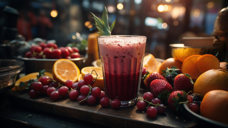 Glass Filled With Fruit Next to a Bunch of Flowersの素材