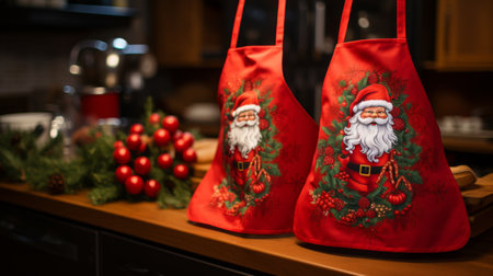 Red Christmas Aprons on Counterの素材