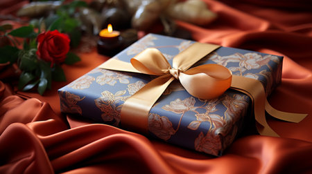 Wrapped Gift Sitting on Bed Next to Roseの素材