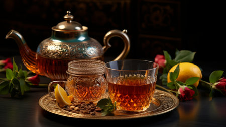 Glass Teapot With Candle and Lemon Slices on a Plateの素材