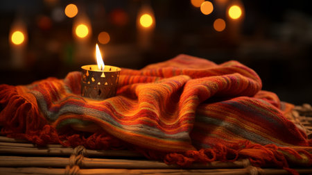 A Blanket and Flowers on a Table Next to a Candleの素材