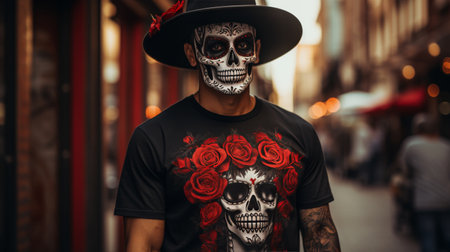 Man With Skull Face Paint Walking Down a Streetの素材
