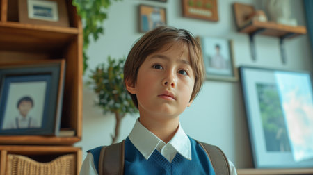 Young Boy Wearing Blue Vest and White Shirtの素材