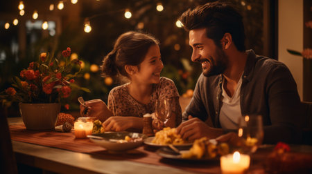 Man and Woman Sitting at Table With Plate of Foodの素材
