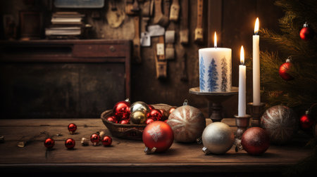 Table Adorned With Christmas Ornaments and Lit Candleの素材