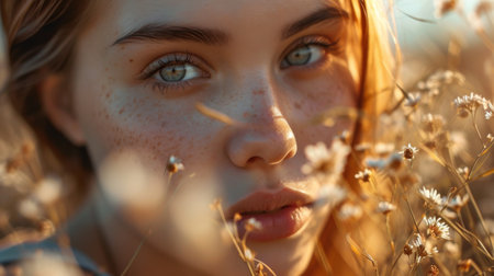 Close-Up Portrait of a Woman With Freckles on Her Faceの素材
