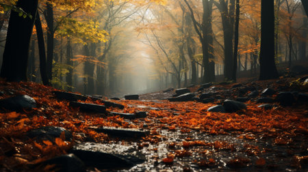A Path Running Through a Leaf-Covered Forestの素材
