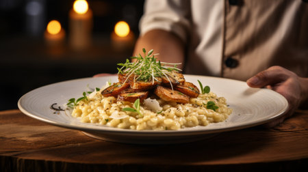A Plate of Food on a Wooden Tableの素材