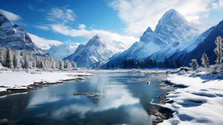 Reflective Mountain Range in Still Water of Mountain Lakeの素材