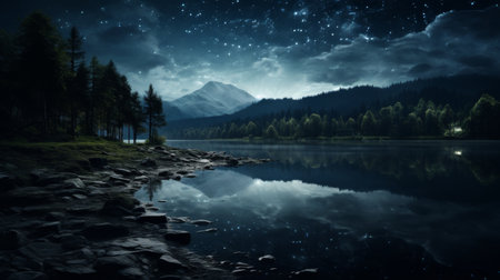 A Night Scene of a Lake With a Full Moonの素材