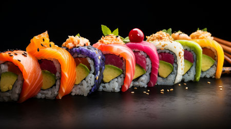 Close Up of a Sushi Roll on a Tableの素材