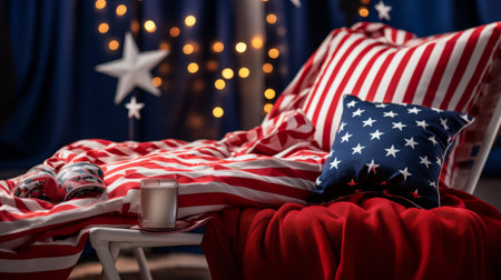 American Flag Bed With a Cup of Coffeeの素材