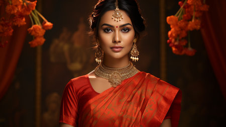 Woman Wearing Red Sari and Gold Jewelryの素材