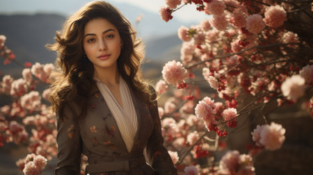 Woman Standing in Front of Tree With Pink Flowersの素材
